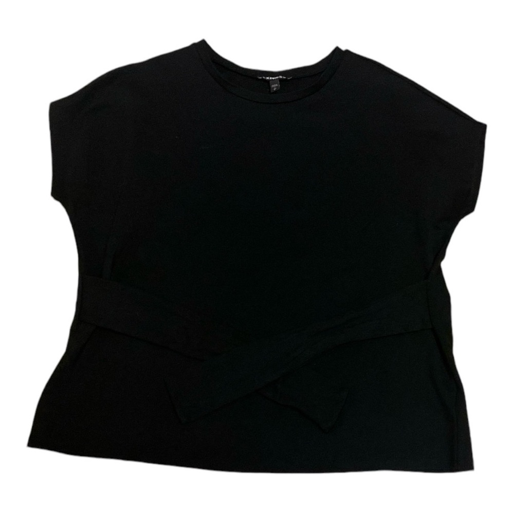 Express Top Black Cropped Sleeves Round Neck Stretch Attached Waist Ties Size S - Picture 2 of 8